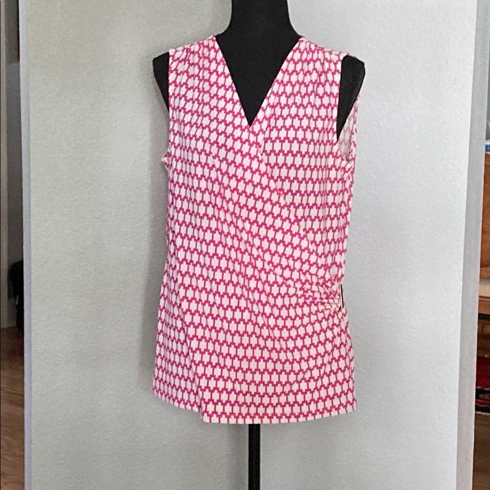 Charter Club pink white geometrical print sleeveless wrap style blouse size L